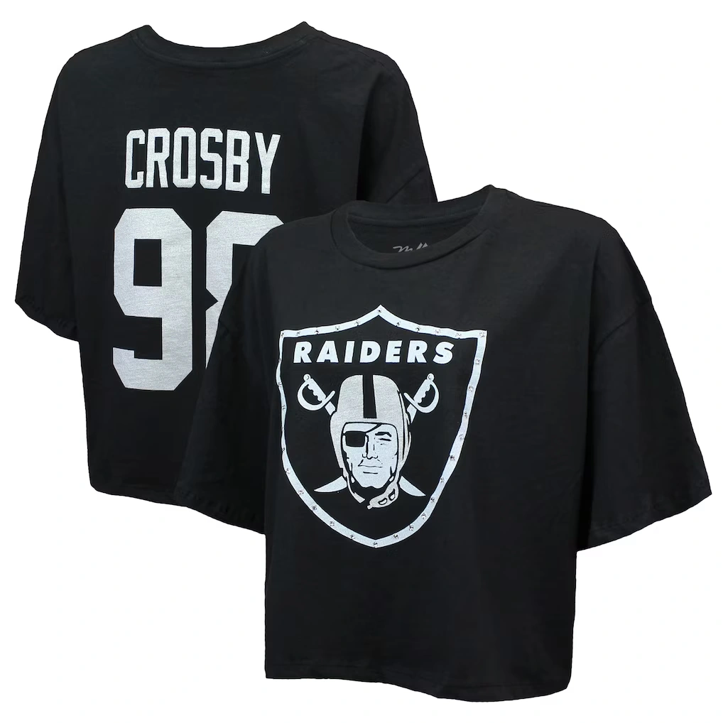Women's Las Vegas Raiders Maxx Crosby Majestic Threads Black Swarovski Crystals Boxy Cropped Name & Number T-Shirt