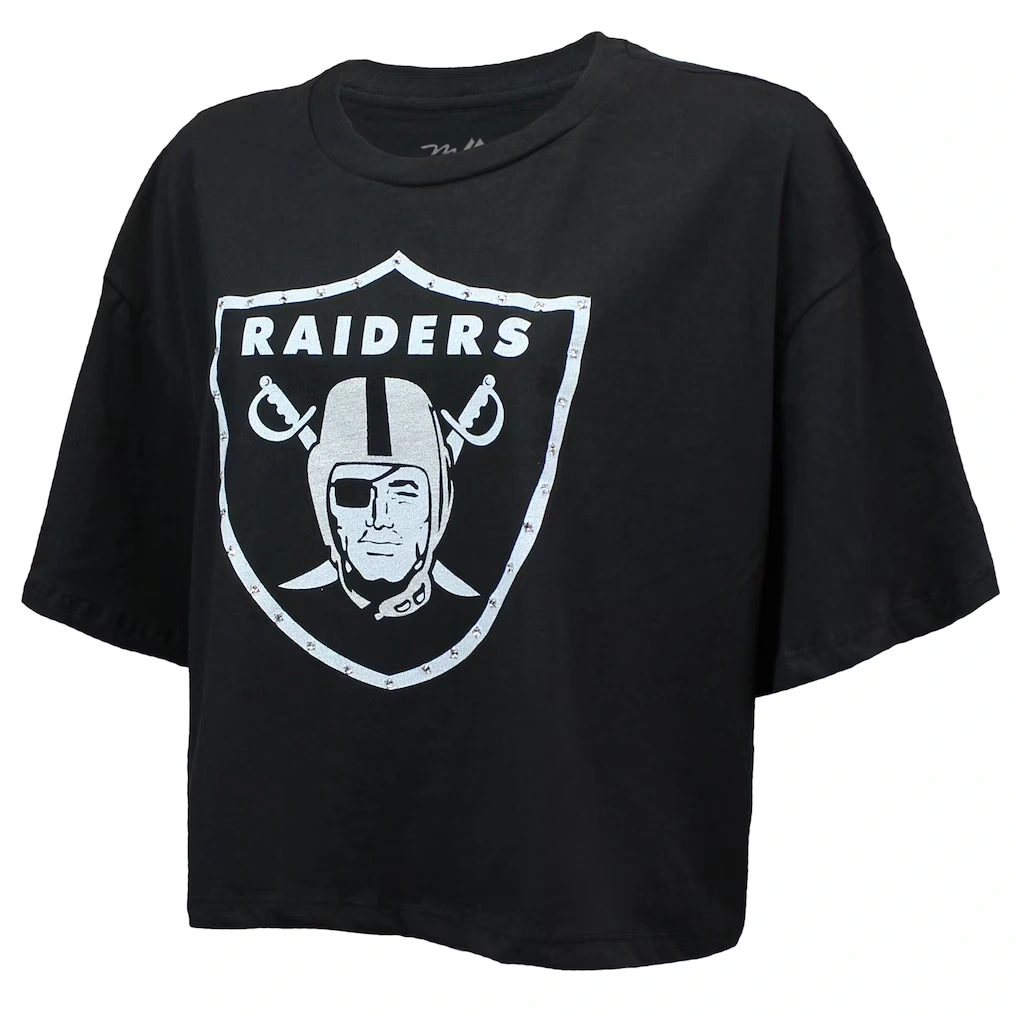 Women's Las Vegas Raiders Maxx Crosby Majestic Threads Black Swarovski Crystals Boxy Cropped Name & Number T-Shirt