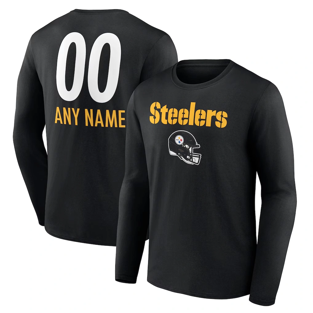 Men's Pittsburgh Steelers Black Personalized Name & Number Team Wordmark Long Sleeve T-Shirt