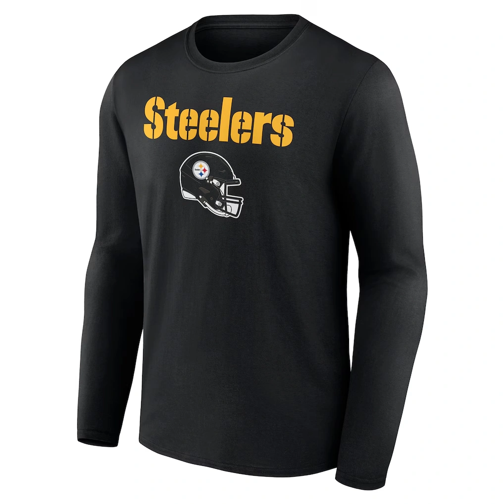 Men's Pittsburgh Steelers Black Personalized Name & Number Team Wordmark Long Sleeve T-Shirt