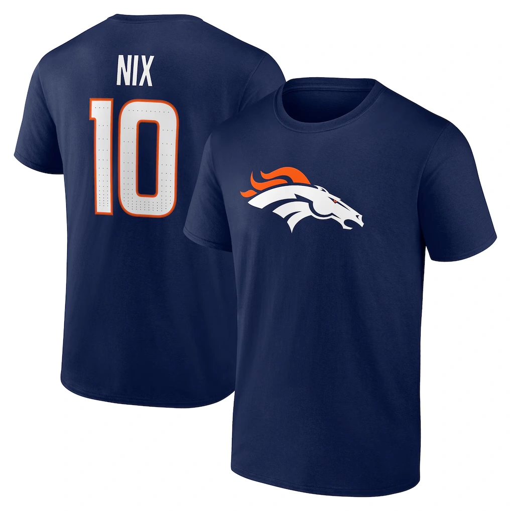 Men's Denver Broncos Bo Nix Navy Icon Name & Number T-Shirt