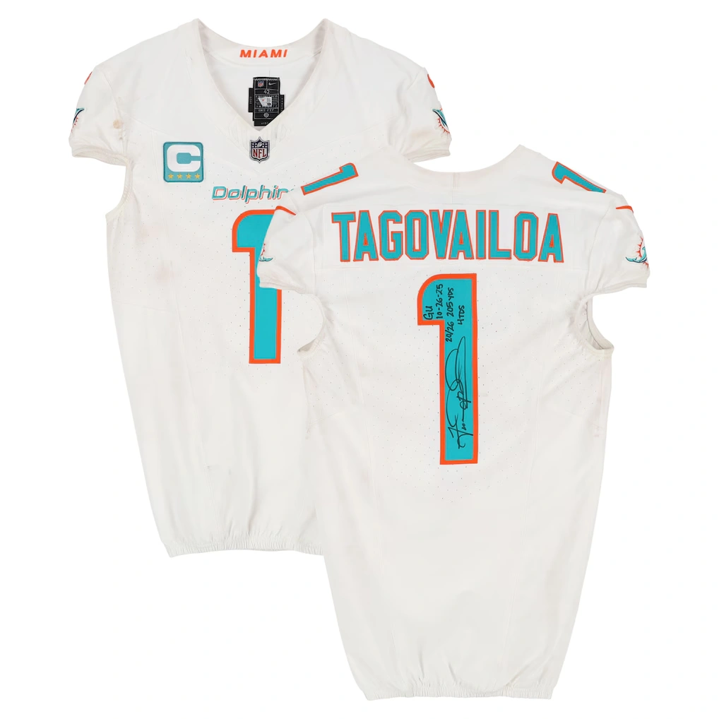 Tua Tagovailoa Miami Dolphins Autographed Fanatics Authentic Game-Used #1 White Nike Jersey vs. Atlanta Falcons on October 26, 2025 with Multiple Inscriptions