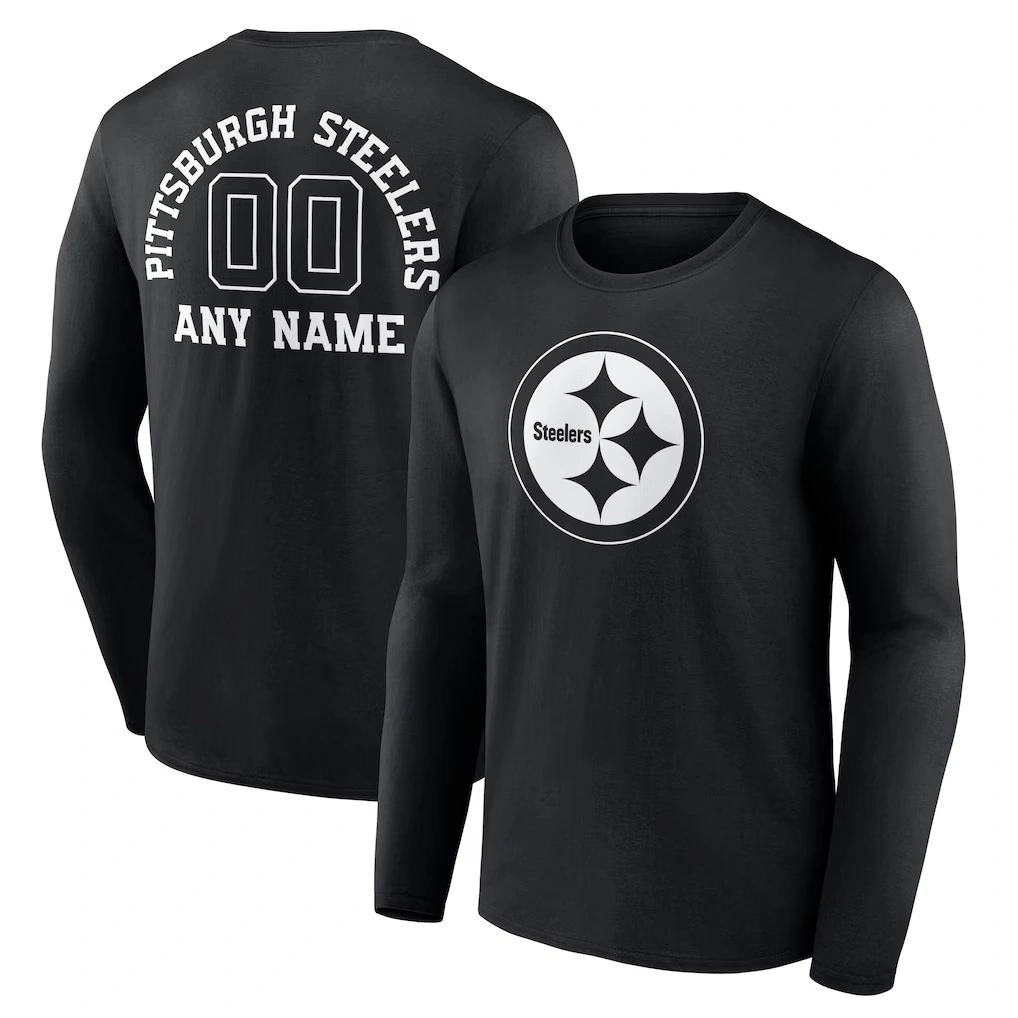 Men's Pittsburgh Steelers Black Personalized Name & Number Monochrome Long Sleeve T-Shirt