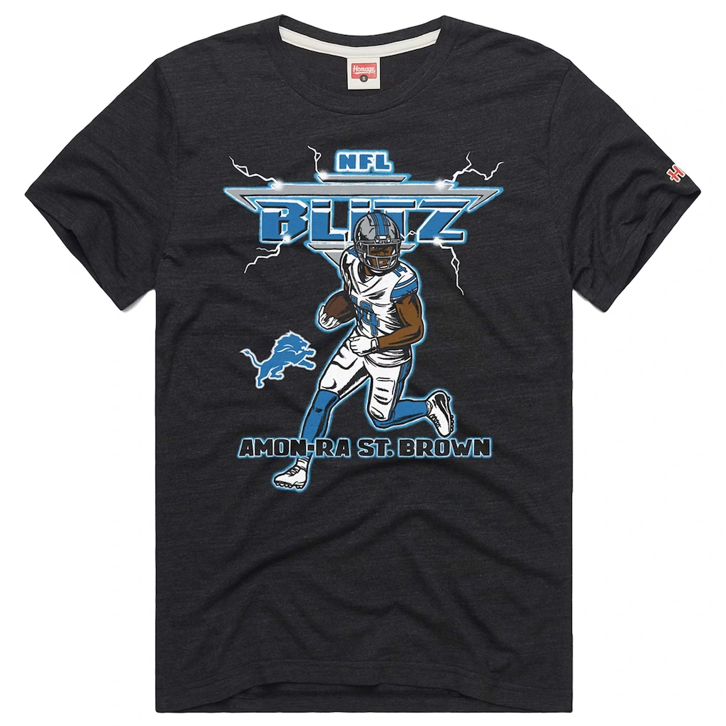 Unisex Detroit Lions Amon-Ra St. Brown Homage Heathered Charcoal NFL Blitz Player Tri-Blend T-Shirt