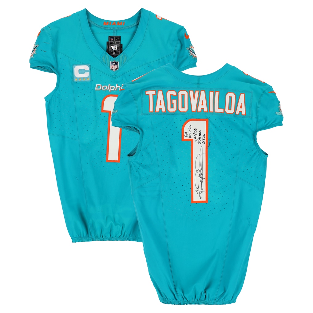 Tua Tagovailoa Miami Dolphins Autographed Fanatics Authentic Game-Used #1 Aqua Nike Jersey vs. Carolina Panthers on October 5, 2025 with Multiple Inscriptions