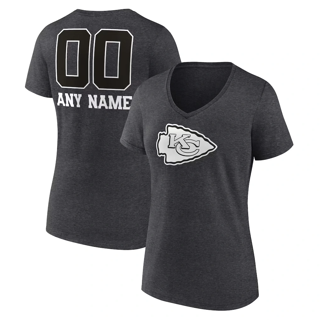 Women's Kansas City Chiefs Charcoal Personalized Name & Number Monochrome V-Neck Long Sleeve T-Shirt