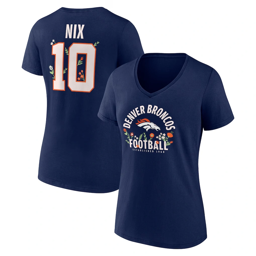 Women's Denver Broncos Bo Nix Navy Floral Name & Number V-Neck T-Shirt
