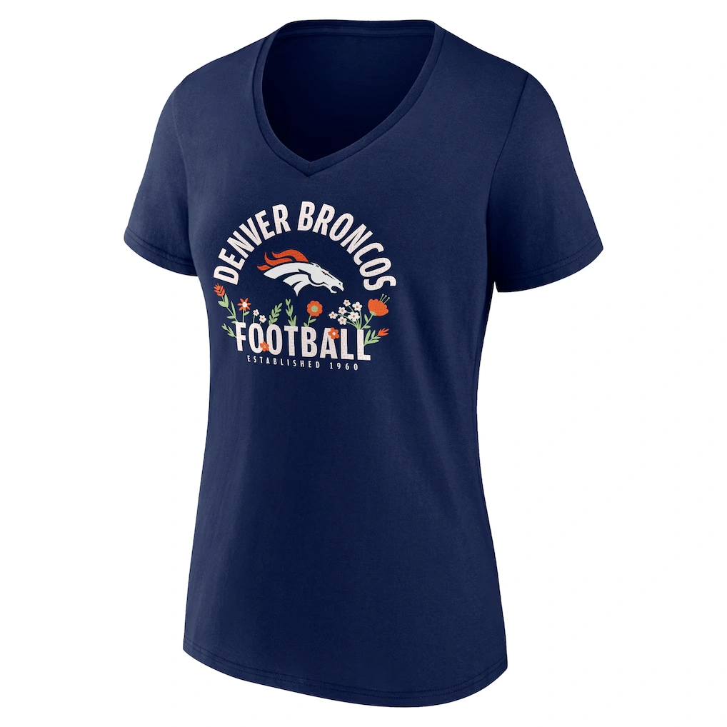Women's Denver Broncos Bo Nix Navy Floral Name & Number V-Neck T-Shirt