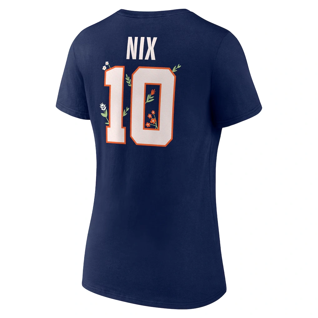 Women's Denver Broncos Bo Nix Navy Floral Name & Number V-Neck T-Shirt
