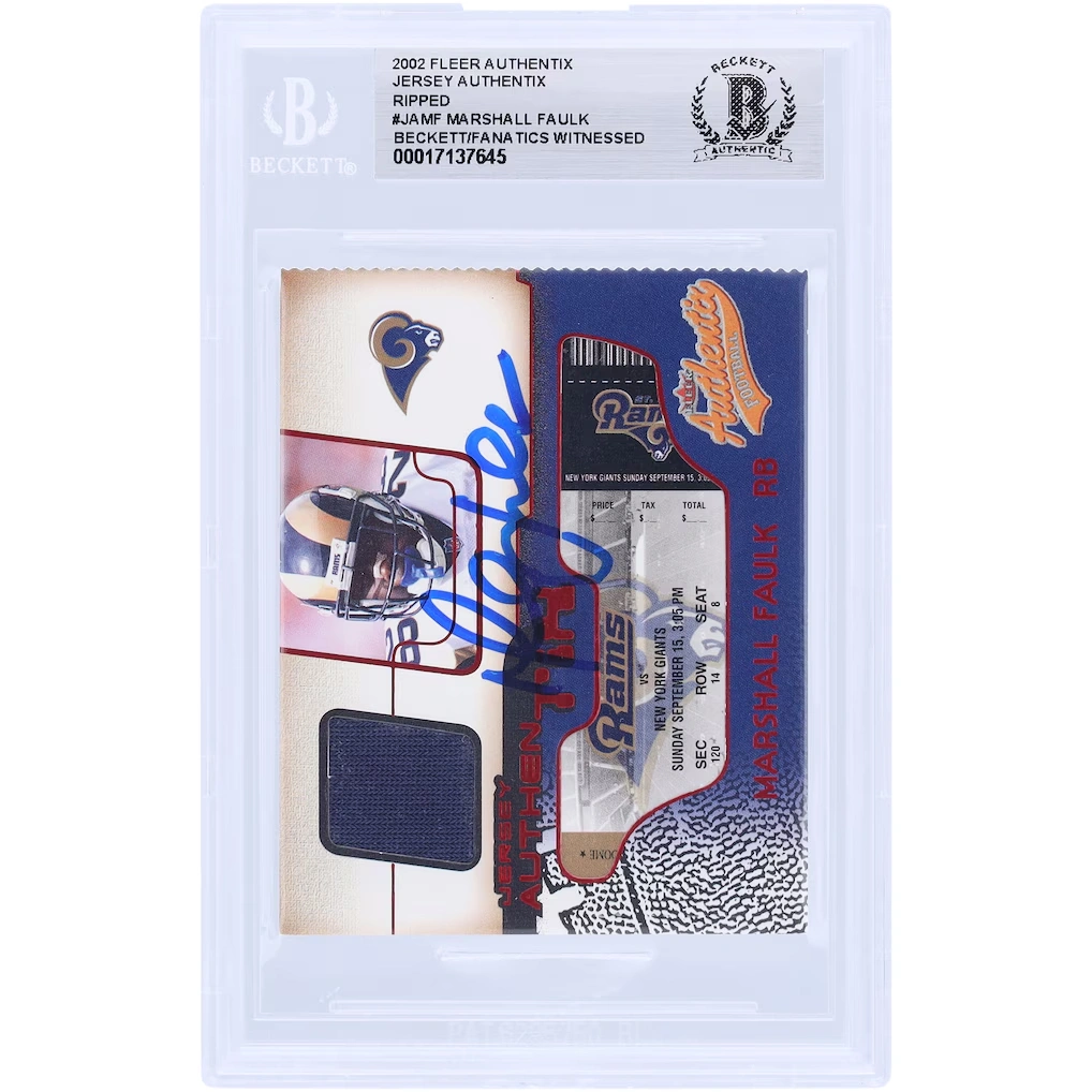 Marshall Faulk St. Louis Rams Autographed 2002 Fleer Authentix Jersey Authentix Relic #JA-MF Beckett Fanatics Witnessed Authenticated Card