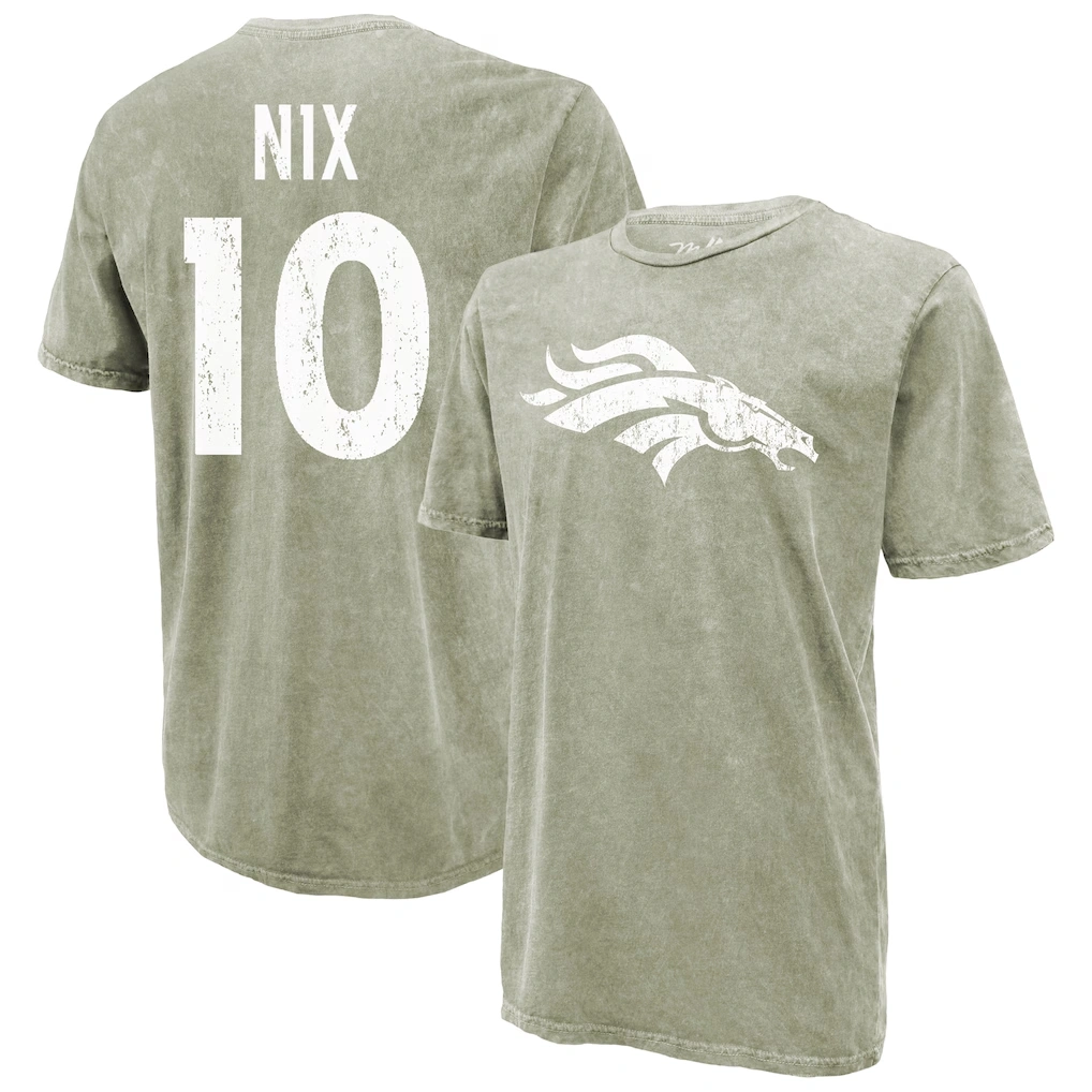Men's Denver Broncos Bo Nix Majestic Threads Moss Green Mineral Wash Name & Number T-Shirt