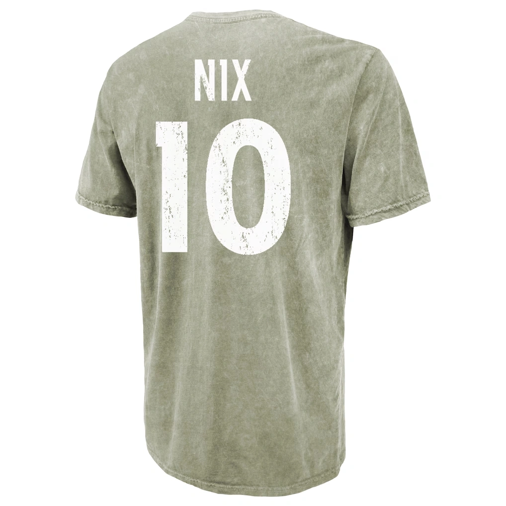 Men's Denver Broncos Bo Nix Majestic Threads Moss Green Mineral Wash Name & Number T-Shirt