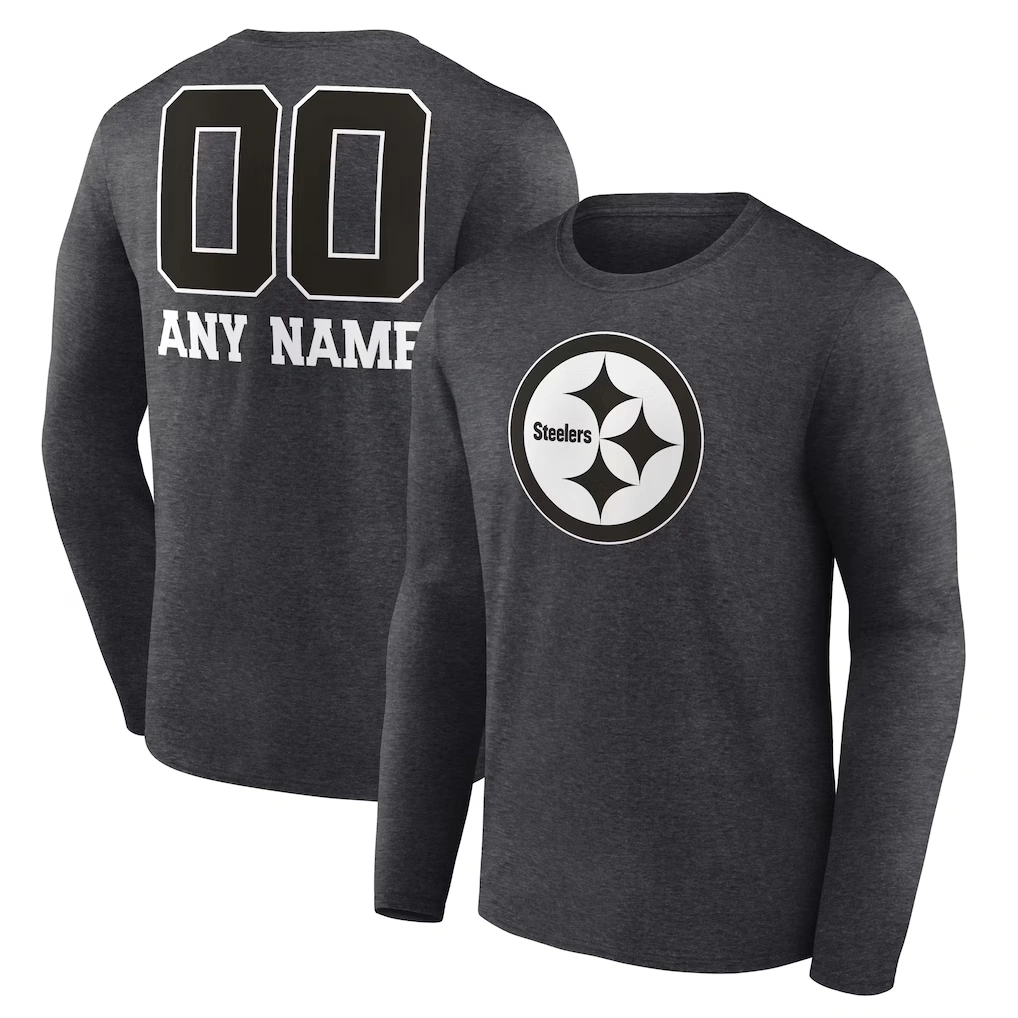 Men's Pittsburgh Steelers Charcoal Personalized Name & Number Monochrome Long Sleeve T-Shirt