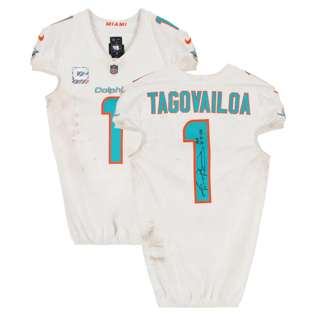 Tua Tagovailoa Miami Dolphins Autographed Fanatics Authentic Game-Used #1 White Nike Jersey vs. Los Angeles Chargers on October 12, 2025 with "GU 10-12-25" Inscription