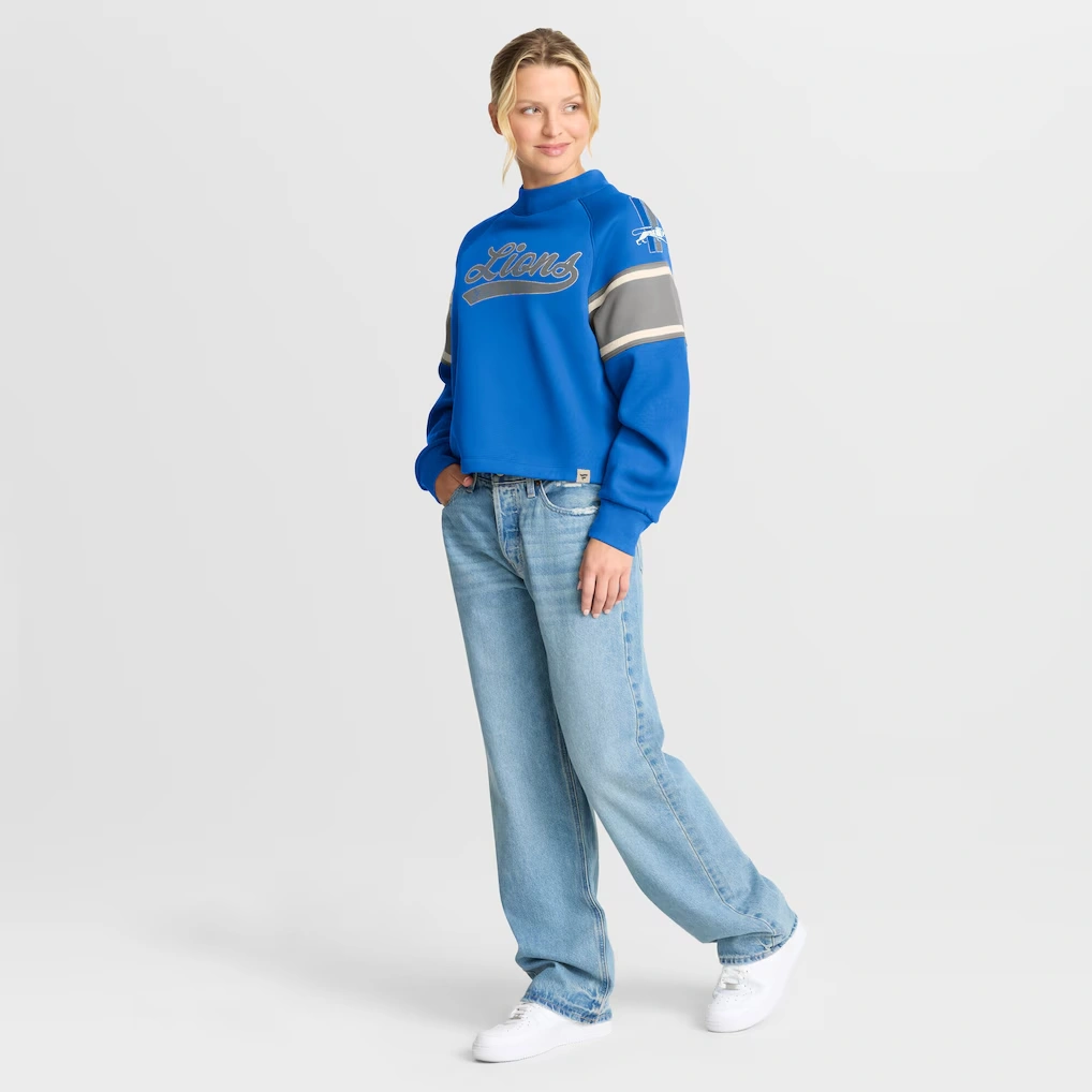 Women's Detroit Lions Fanatics Blue Oversized Hometown Toss Sweep Mock Neck Pullover