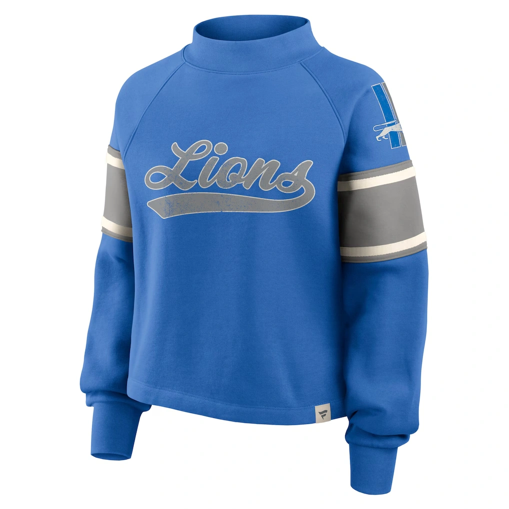 Women's Detroit Lions Fanatics Blue Oversized Hometown Toss Sweep Mock Neck Pullover