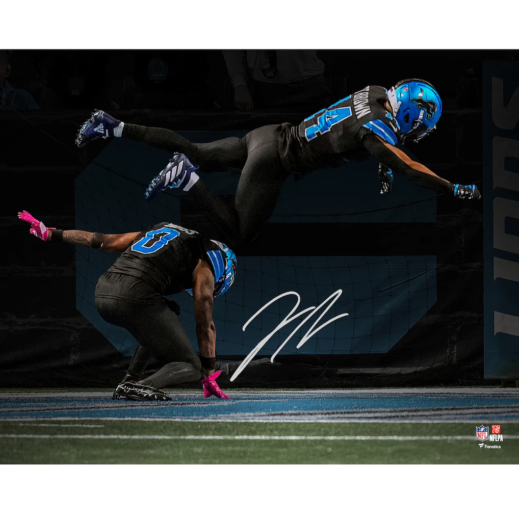 Jahmyr Gibbs Detroit Lions Autographed Fanatics Authentic 16" x 20" 2025 Week 7 Touchdown Celebration Leap Spotlight Photograph