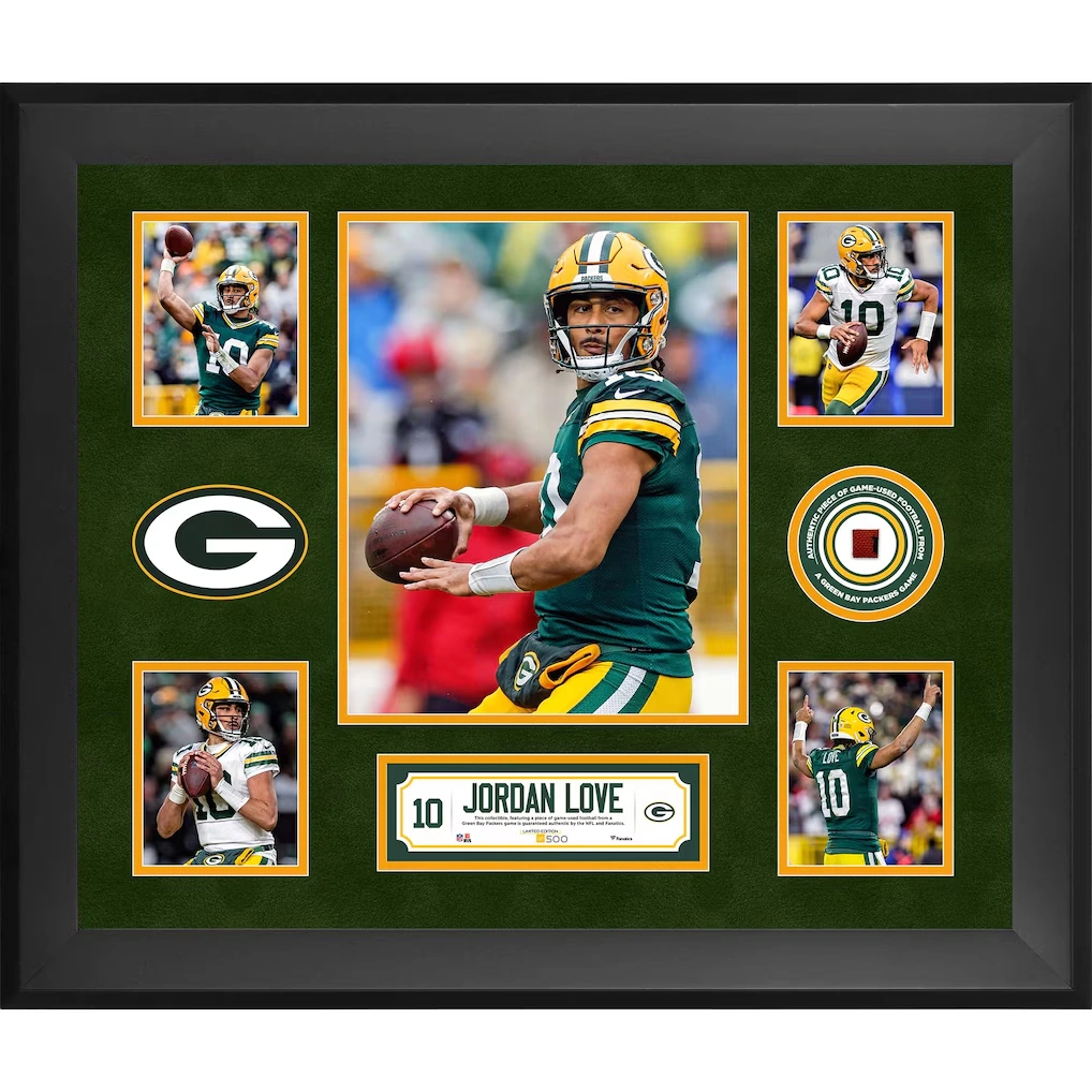 Jordan Love Green Bay Packers Fanatics Authentic Framed 20" x 24" 5-Photo Collage with a Piece of Game-Used Football - Limited Edition of 500