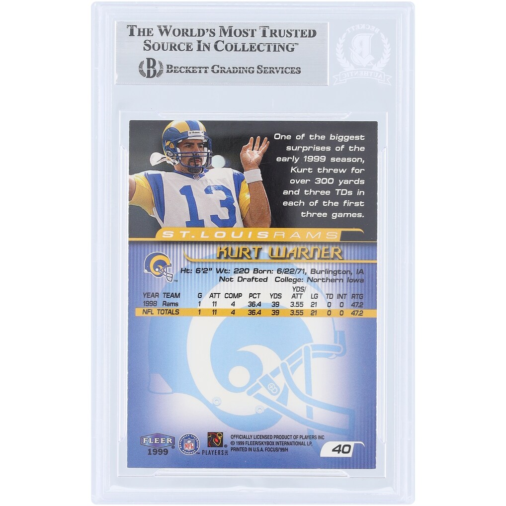 Kurt Warner St. Louis Rams Autographed 1999 Fleer Focus #40 Beckett Fanatics Witnessed Authenticated Rookie Card
