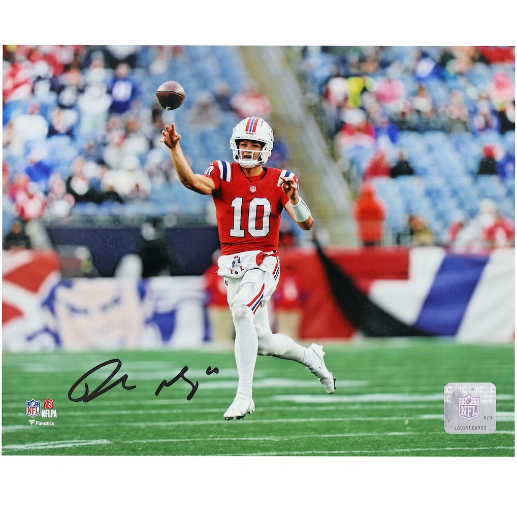 Drake Maye New England Patriots Autographed Fanatics Authentic 8" x 10" Red Jersey Throwing Photograph