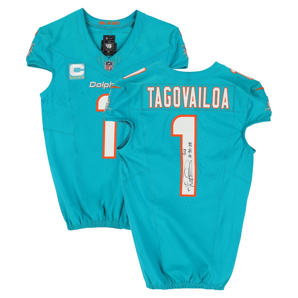 Tua Tagovailoa Miami Dolphins Autographed Fanatics Authentic Game-Used #1 Aqua Nike Jersey vs. Baltimore Ravens on October 30, 2025 with "GU 10-30-25" Inscription