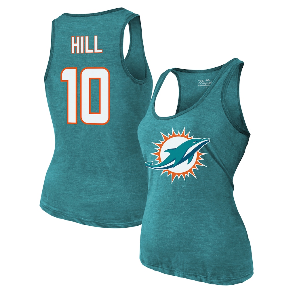 Women's Miami Dolphins Tyreek Hill Majestic Threads Aqua Name & Number Tri-Blend Tank Top