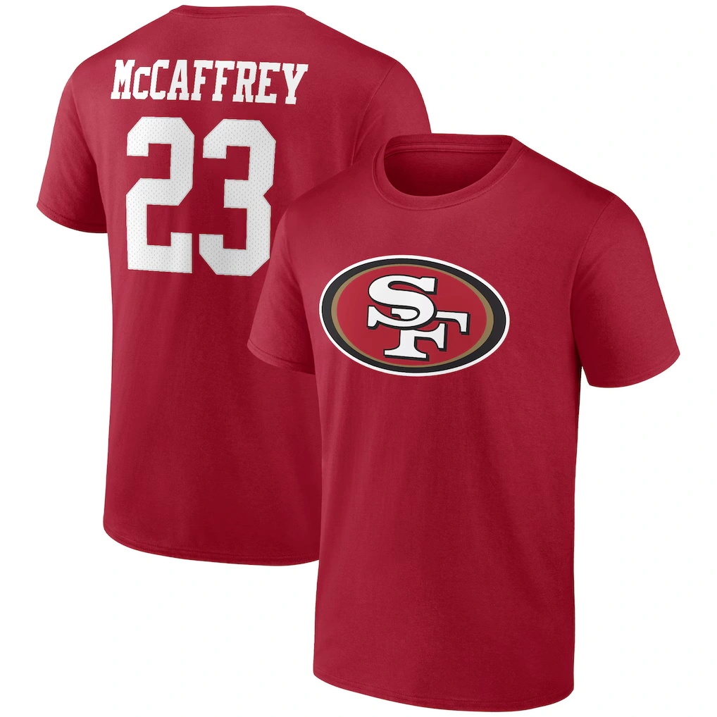 Men's San Francisco 49ers Christian McCaffrey Fanatics Scarlet Player Icon Name & Number T-Shirt