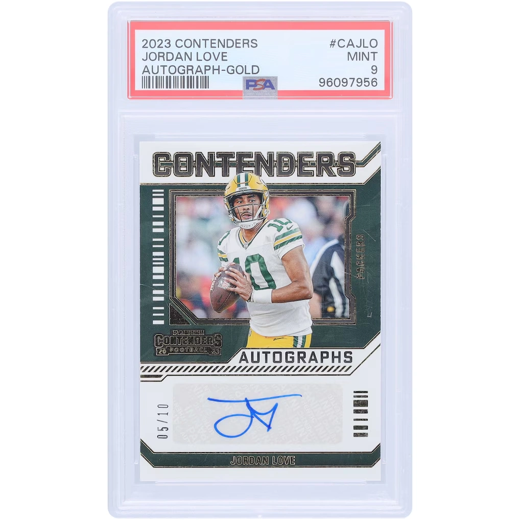 Jordan Love Green Bay Packers Autographed 2023 Panini Contenders Gold #CA-JLO #5/10 PSA Authenticated 9 Card