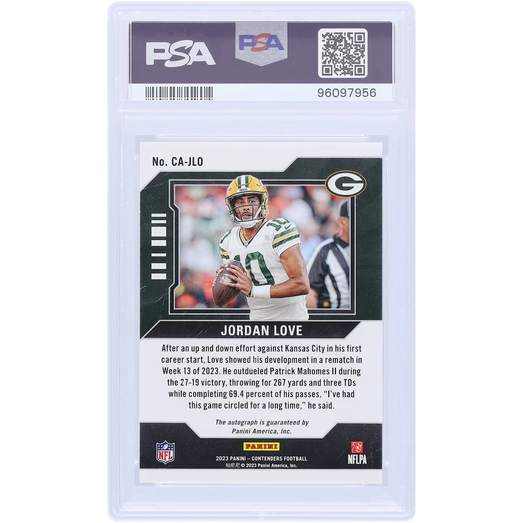 Jordan Love Green Bay Packers Autographed 2023 Panini Contenders Gold #CA-JLO #5/10 PSA Authenticated 9 Card