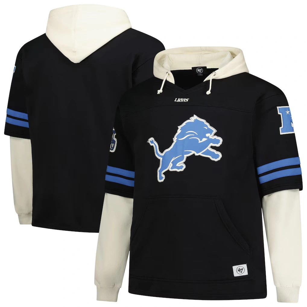 Men's Detroit Lions '47 Black Big & Tall Split Zone Cornerback V-Neck Hoodie