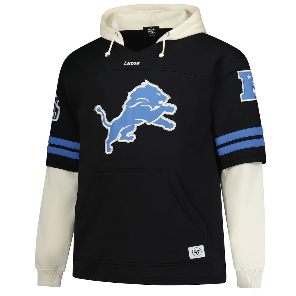 Men's Detroit Lions '47 Black Big & Tall Split Zone Cornerback V-Neck Hoodie