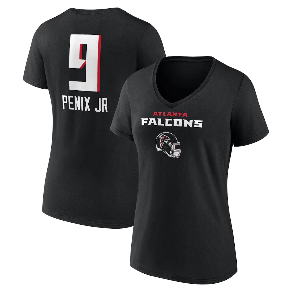 Women's Atlanta Falcons Michael Penix Jr. Black Name & Number Team Wordmark V-Neck T-Shirt