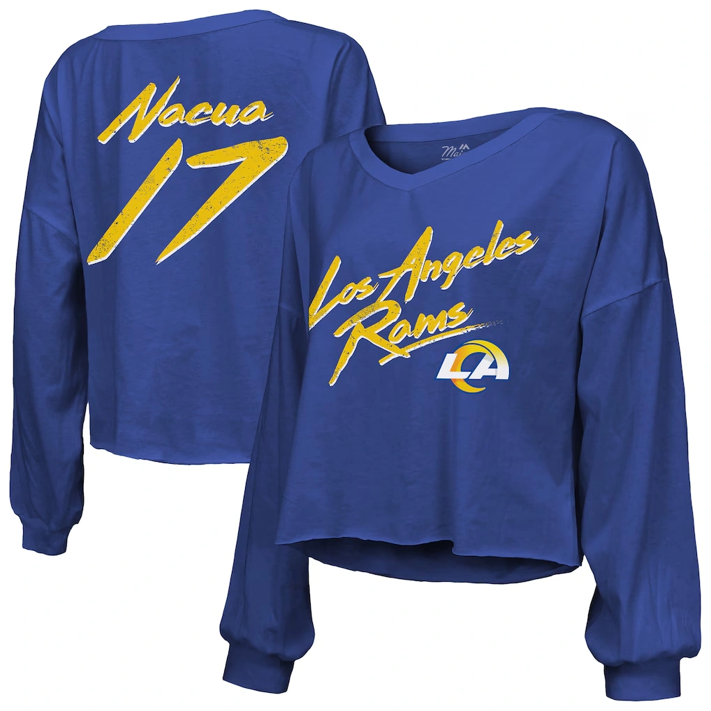Women's Los Angeles Rams Puka Nacua Majestic Threads Royal Off-Shoulder Script Player Name & Number Cropped Long Sleeve V-Neck T-Shirt