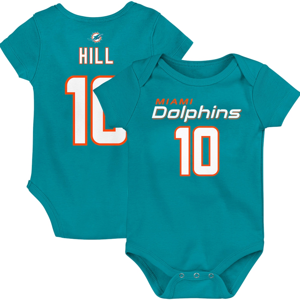 Newborn & Infant Miami Dolphins Tyreek Hill Aqua Mainliner Player Name & Number Bodysuit
