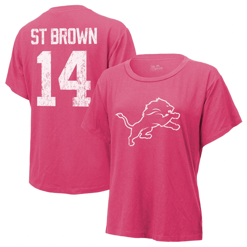 Women's Detroit Lions Amon-Ra St. Brown Majestic Threads Pink Name & Number T-Shirt