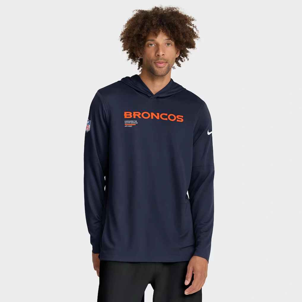 Men's Denver Broncos Nike Navy Sideline Pure Fury Performance Long Sleeve Hoodie T-Shirt