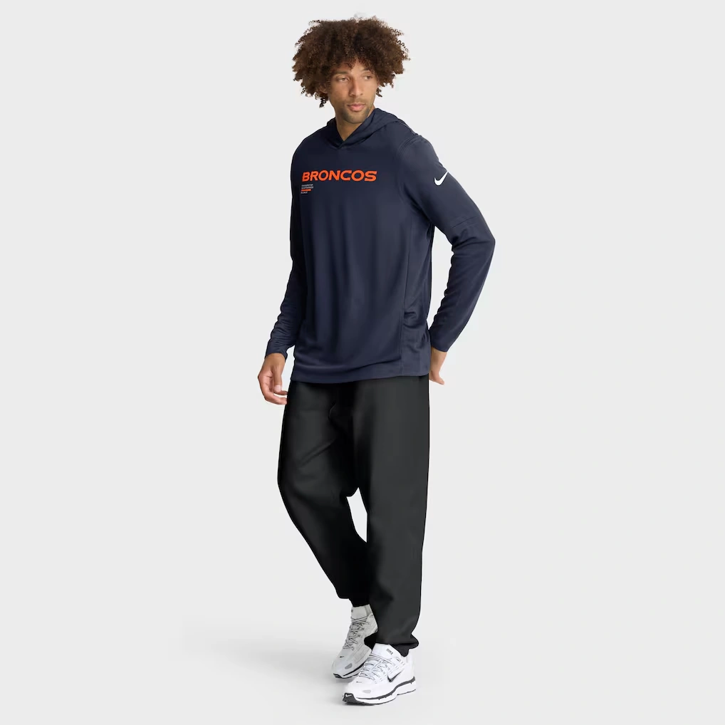 Men's Denver Broncos Nike Navy Sideline Pure Fury Performance Long Sleeve Hoodie T-Shirt