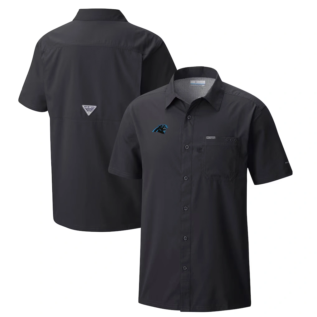 Men's Carolina Panthers Columbia Black Slack Tide Omni-Wick Button-Up Camp Shirt
