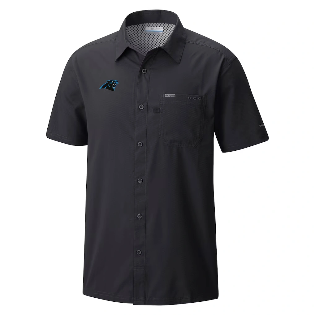 Men's Carolina Panthers Columbia Black Slack Tide Omni-Wick Button-Up Camp Shirt