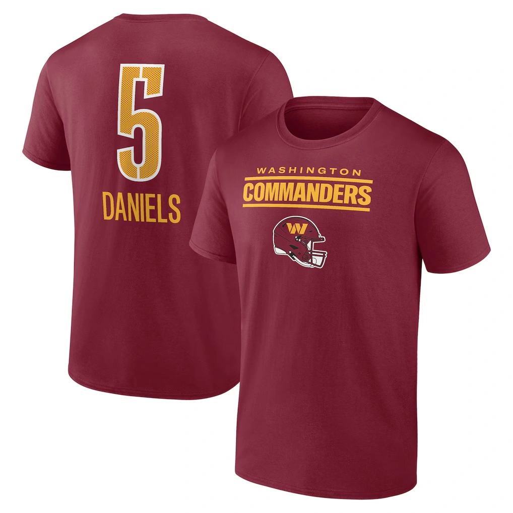 Men's Washington Commanders Jayden Daniels Burgundy Name & Number Team Wordmark T-Shirt