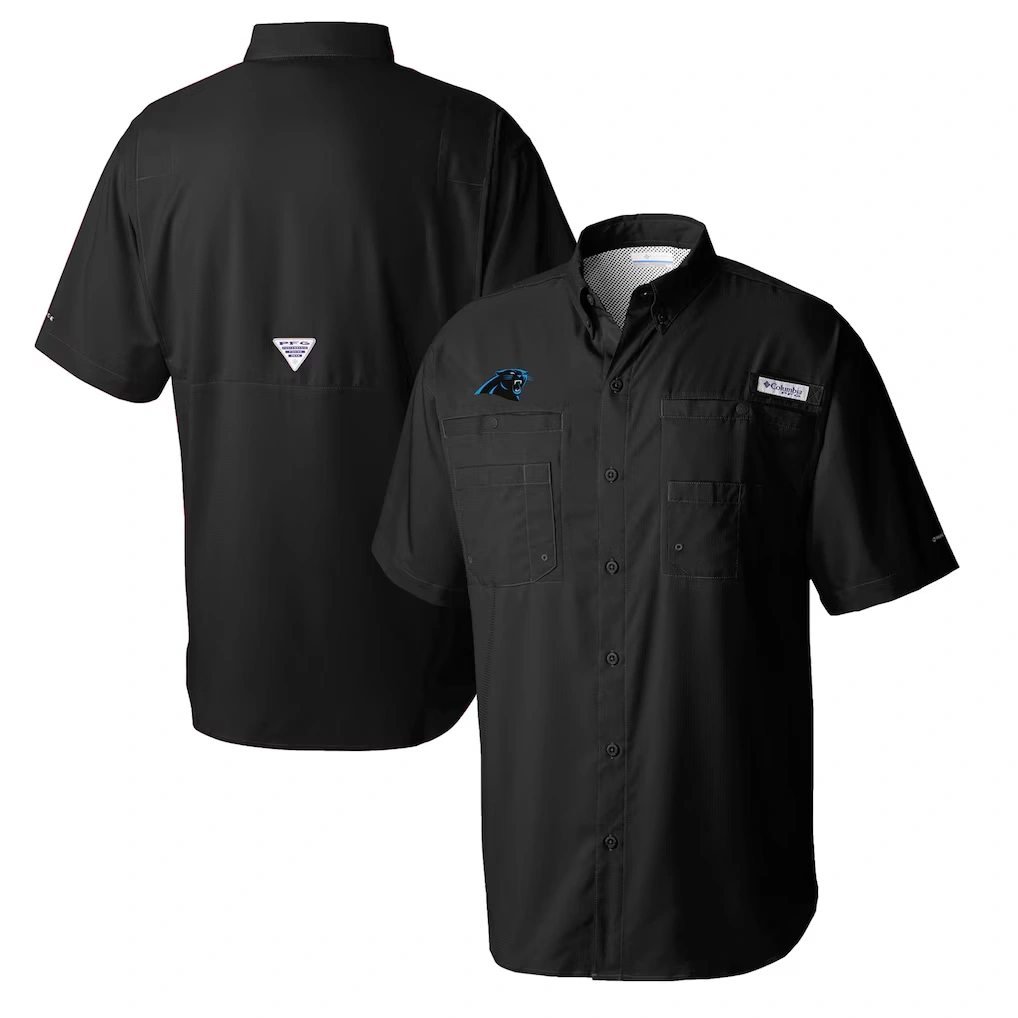 Men's Carolina Panthers Columbia Black Tamiami Omni-Shade Button-Down Shirt