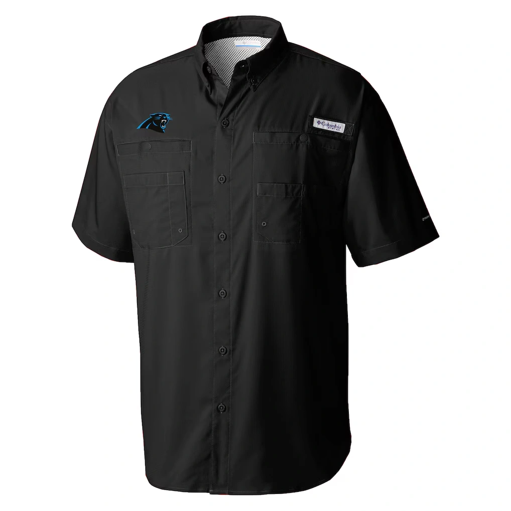 Men's Carolina Panthers Columbia Black Tamiami Omni-Shade Button-Down Shirt