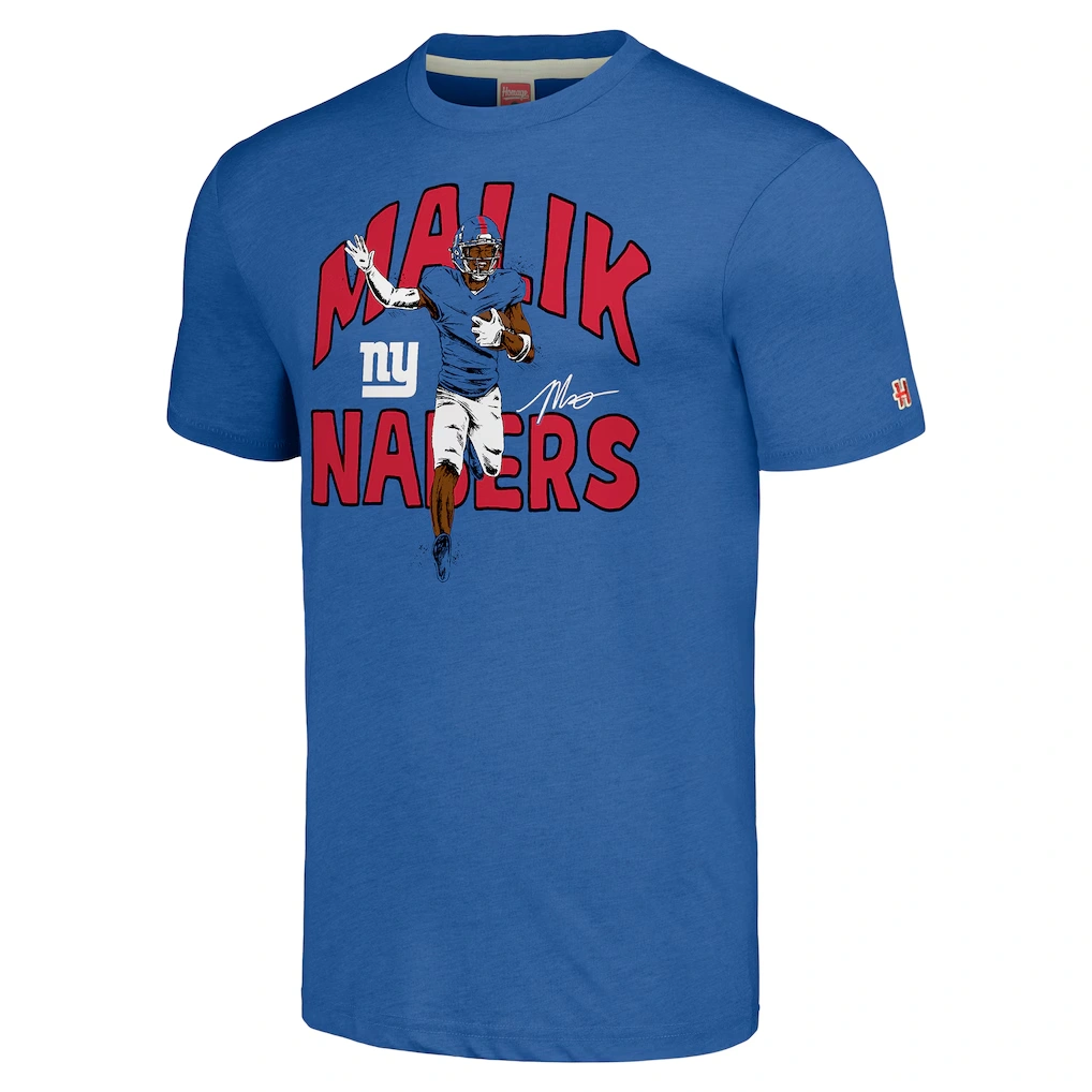 Unisex New York Giants Malik Nabers Homage Royal Caricature Player Tri-Blend T-Shirt
