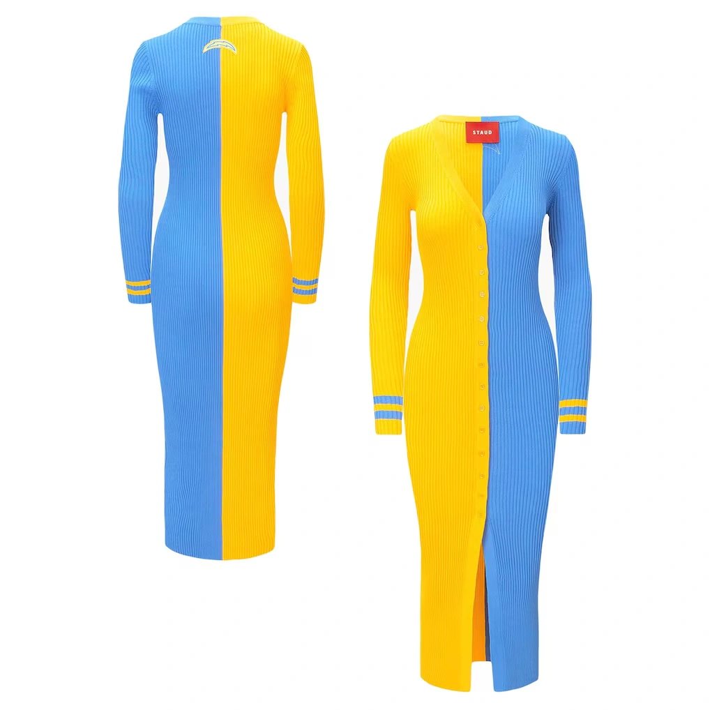 Women's Los Angeles Chargers STAUD Gold/Powder Blue Shoko Knit Button-Up Sweater Dress