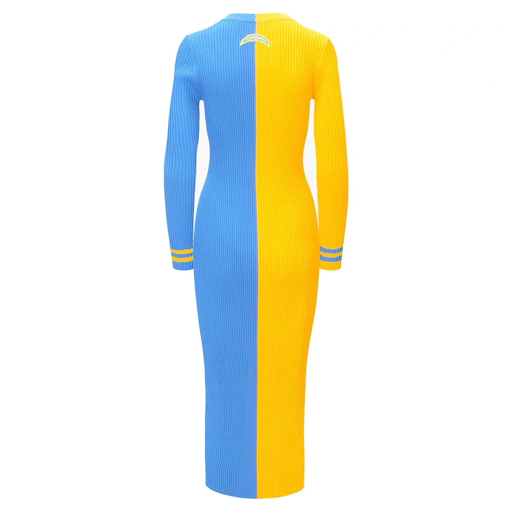 Women's Los Angeles Chargers STAUD Gold/Powder Blue Shoko Knit Button-Up Sweater Dress