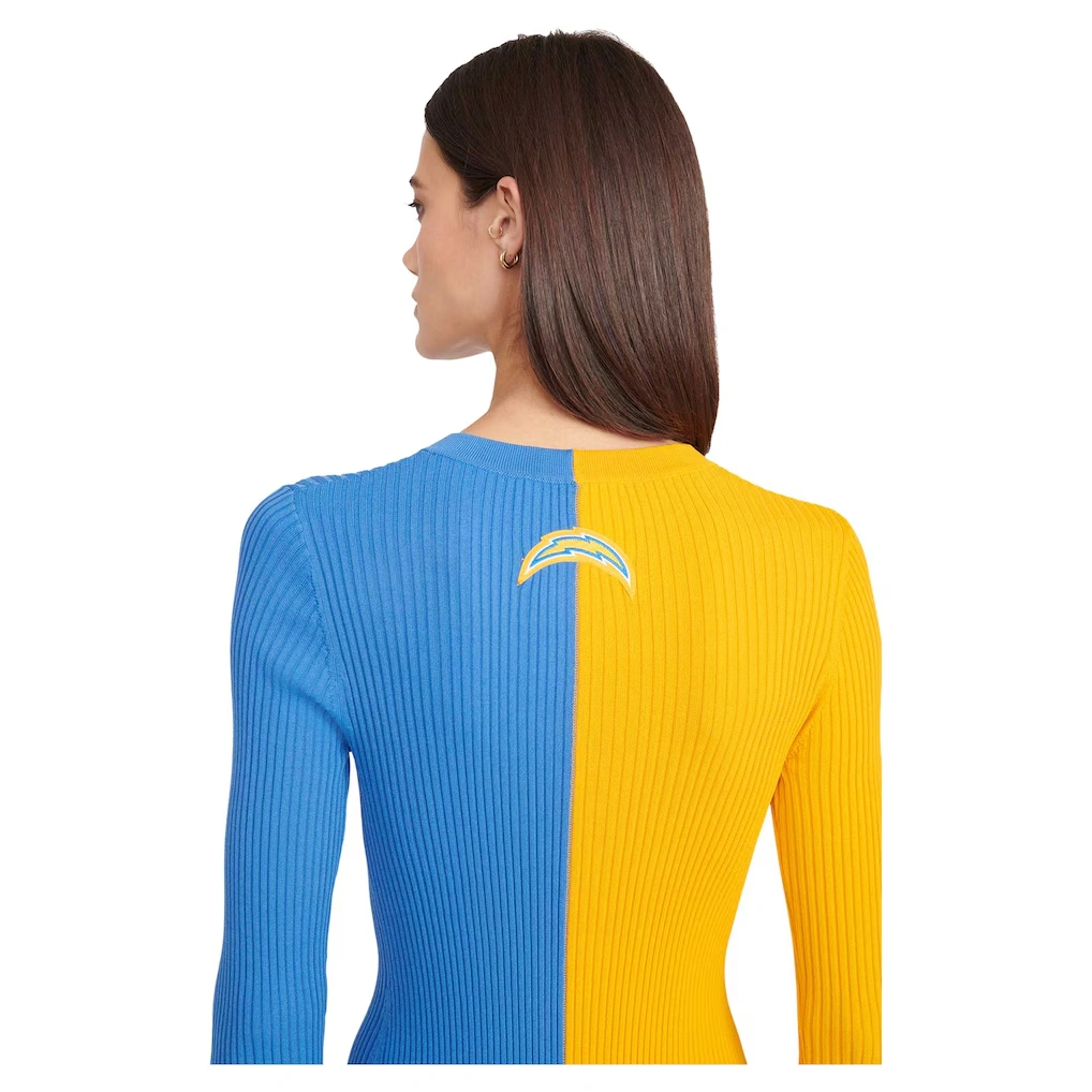 Women's Los Angeles Chargers STAUD Gold/Powder Blue Shoko Knit Button-Up Sweater Dress