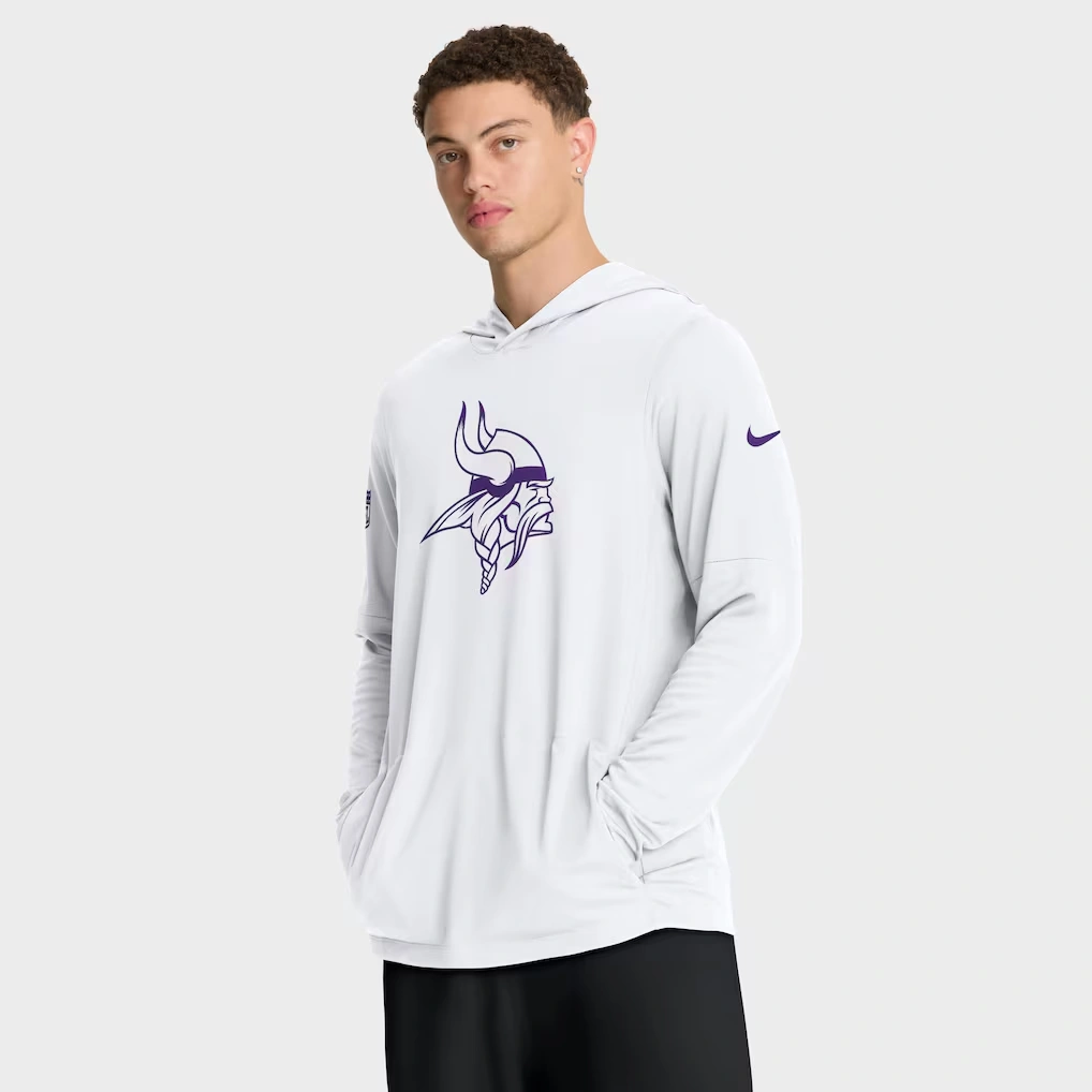 Men's Minnesota Vikings Nike White Sideline Option Read Dri-FIT Long Sleeve Hoodie T-Shirt