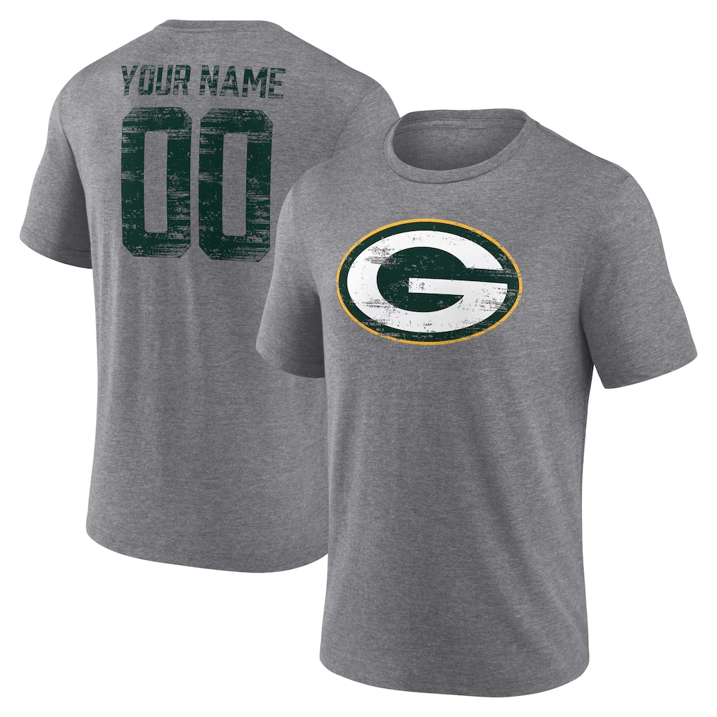 Men's Green Bay Packers Gray Heritage Custom Name & Number Tri-Blend T-Shirt