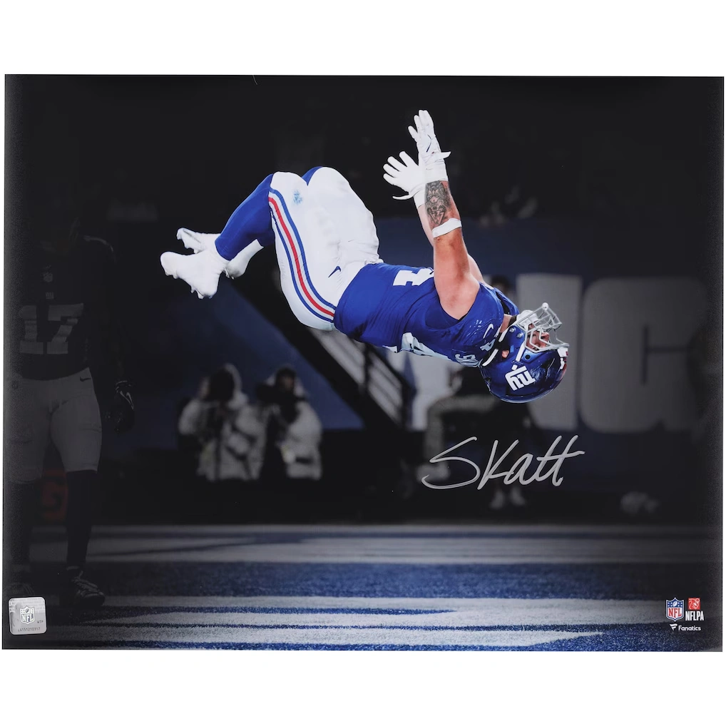 Cam Skattebo New York Giants Autographed Fanatics Authentic 16" x 20" 2025 Week 3 Touchdown Celebration Backflip Spotlight Photograph