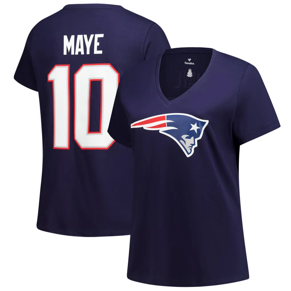 Women's New England Patriots Drake Maye Fanatics Navy Plus Size Name & Number Scoop Neck T-Shirt